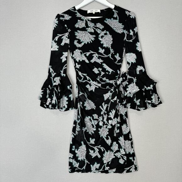 Diane von Furstenberg Faridah Dress Womens Small Black Floral Mesh Wrap Cocktail - Picture 3 of 15